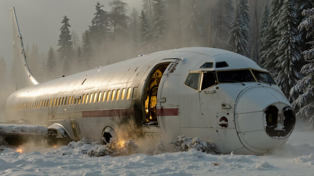A large airplane is seen crashed in a snowy forest with its nose and cockpit visibly damaged - Powered by Adobe