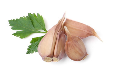Fresh garlic and parsley isolated on white, top view