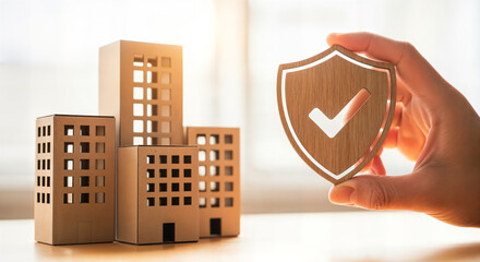 Property insurance and real estate security concept with shield and building models