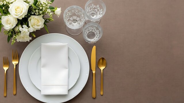 Formal dining table setting with white roses and elegant gold cutlery.