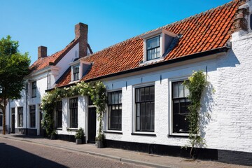 Obraz premium On a beautiful, sunny day, picturesque white buildings adorned with vibrant red roofs and lush green vines line a peaceful, quiet street