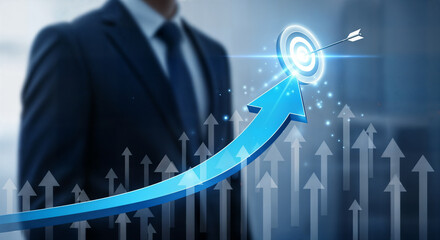 Businessman with a blue arrow pointing towards a target, symbolizing business growth and success
