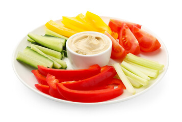 Different fresh vegetables and sauce isolated on white