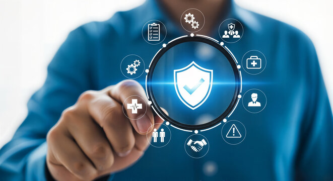 Hand touching a glowing digital shield, symbolizing cybersecurity and data protection