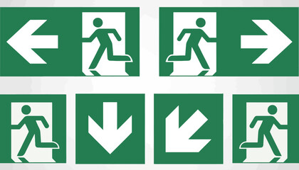 Essential collection of green and white emergency exit signs, featuring running figures and diverse directional arrows for clear public safety and building evacuation guidance