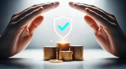 Hands protecting stacks of coins with a security shield, symbolizing financial safety