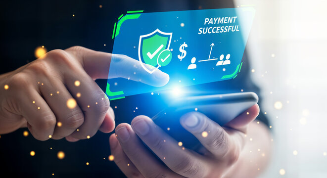 Person making a successful secure digital payment on a smartphone with a futuristic interface