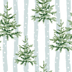 Naklejka premium Christmas seamless pattern, fir trees, snow, striped background. Vector illustration. Nature design. Season greeting. Winter holidays