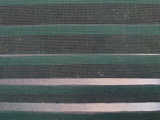 Close-up of mosquito net screen over green wooden Majorcan shutter slats. Protective fine mesh texture, insect protection with ventilation, Mediterranean architecture, grid pattern, outdoor. 