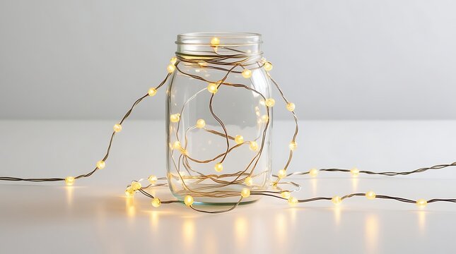 A fairy lights with delicate silver wires and tiny translucent glass bulbs coiled around a transparent glass jar, emitting a warm glowing illumination with a soft yellow-orange hue.