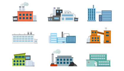 Various industrial buildings and factory icons collection with chimneys for design and presentation use