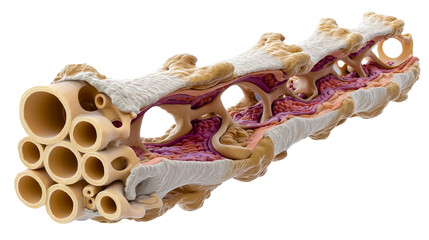 A 3D rendering of a human spine with vertebrae and intervertebral discs showing the complex structure of the spinal column