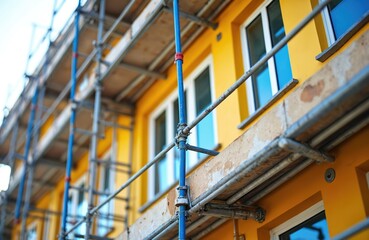 Obraz premium Scaffolding surrounds bright yellow building exterior undergoing insulation and repair work. Workers improve energy efficiency with renovation and construction materials. Windows reflect blue sky.
