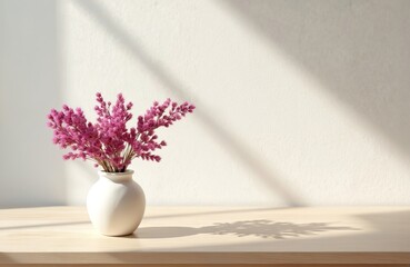 White ceramic vase with pink dried flowers on a light wooden table. Shadows fall on the wall and table. Minimalist home decor with natural elements.