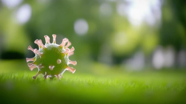 The Invisible Invader: A detailed, close-up rendering of a menacing virus particle, its spiky crown radiating, seemingly placed amidst the lush green grass.