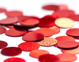Festive red confetti scattered on a white surface, creating a celebratory atmosphere