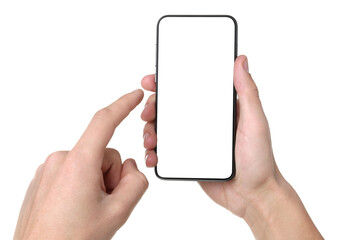 Man holding smartphone with blank screen on white background, closeup. Mockup for design