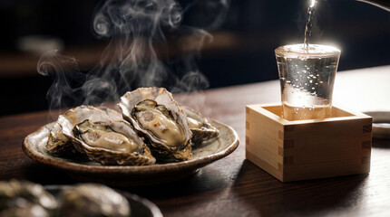 湯気立つ焼き牡蠣と注がれる日本酒：日本の夜を彩る贅沢な味覚