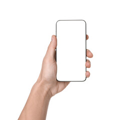 Man holding smartphone with blank screen on white background, closeup. Mockup for design