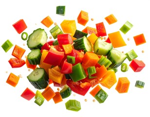 Fresh diced vegetables assortment floating in a vibrant and colorful display