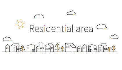 Illustration of a peaceful residential area with houses, trees, and a bright sun shining through the clouds on a clear day, perfect for real estate or community themes