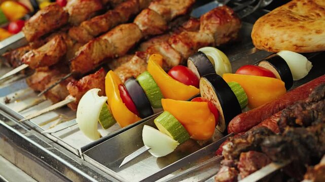 A platter of grilled skewers of marinated meat paired with vibrant vegetables including bell peppers, zucchini, onions, and tomatoes