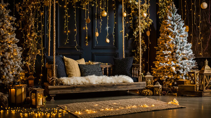 A cozy living room decorated for Christmas with a rustic wooden bench a plush white throw and string lights