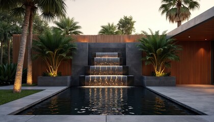 Fototapeta premium Modern tiered waterfall cascades into dark pool. Tropical palms frame stone wall, glowing lights create tranquil ambiance. Home garden oasis with sleek concrete patio.