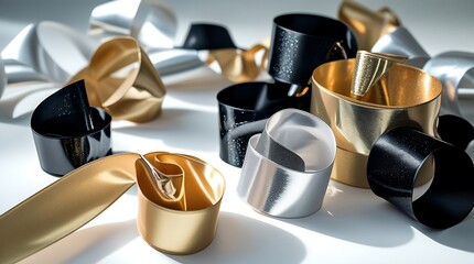 A professional photo of a set of luxurious festive ribbon curls in metallic gold, silver, and glossy black tones, intricately arranged in a harmonious composition on a pristine white background.