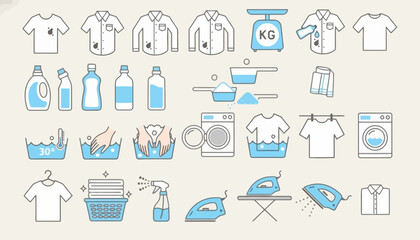 Essential vector line icon set illustrating a comprehensive range of laundry care and household cleaning processes, including washing, drying, and ironing activities for modern applications