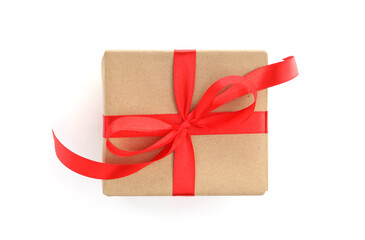 One gift box with ribbon isolated on white, top view