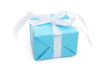 One gift box with ribbon isolated on white