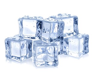 Heap of transparent ice cubes melting on a white surface with water droplets