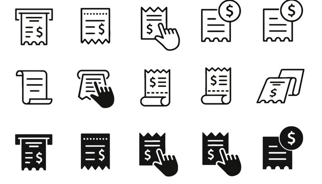 Vector icon set of financial receipts, bills, and payment processing symbols for web and mobile UI design