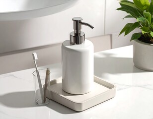 Modern Bathroom Essentials: Soap Dispenser and Toothbrushes on Marble Vanity