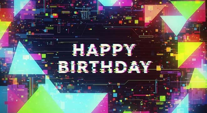Celebration graphic design template for birthday with geometric shapes and modern glitch effect