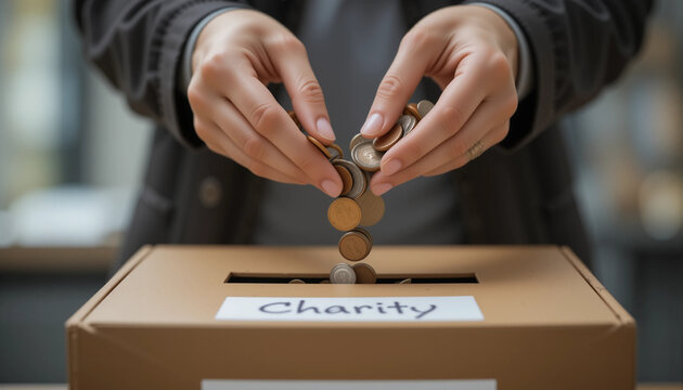Hands dropping coins into charity donation box labeled "Charity"
