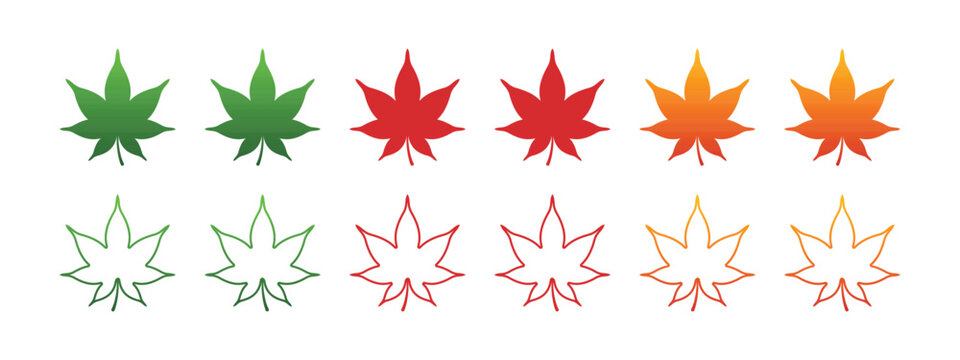 collection of japanese maple leaves set in solid and outline styles with autumn colors green red orange for nature design.