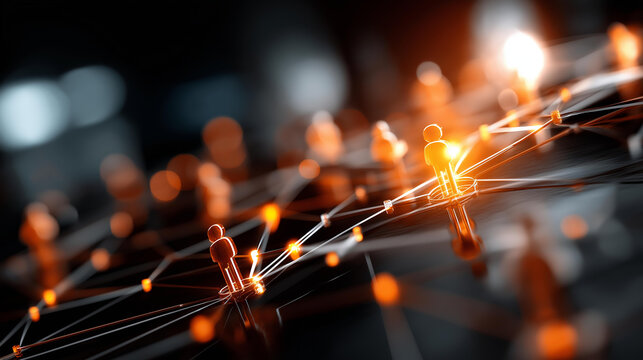 Illuminated network graph with connected nodes and human icons defocused dark background symbolizing recruitment social connections glowing figures display futuristic