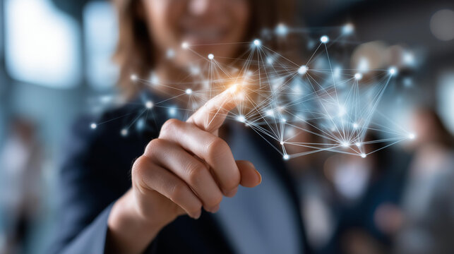 Professional touching virtual screen with social network connection faceless businesswoman defocused digital interface background personnel networking platform workforce
