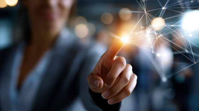 Professional touching virtual screen with social network connection faceless businesswoman defocused digital interface background personnel networking platform workforce - Powered by Adobe