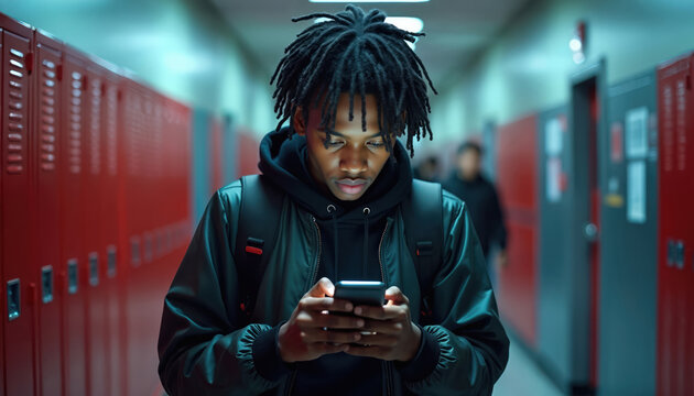 Black teen boy with dreadlocks walks down school hallway texting on smartphone. He wears a black jacket and backpack, focused on his device.