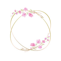 Round wreath, frame with Cherry blossom, sakura, branch with pink flowers, watercolor illustration.
