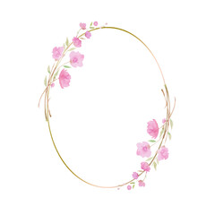 Round wreath, frame with Cherry blossom, sakura, branch with pink flowers, watercolor illustration.