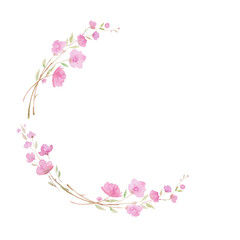 Round wreath, frame with Cherry blossom, sakura, branch with pink flowers, watercolor illustration.