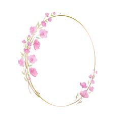 Round wreath, frame with Cherry blossom, sakura, branch with pink flowers, watercolor illustration.