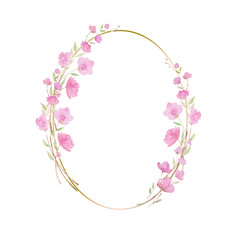 Round wreath, frame with Cherry blossom, sakura, branch with pink flowers, watercolor illustration.