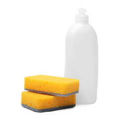 Kitchen sponges and dish soap isolated on white