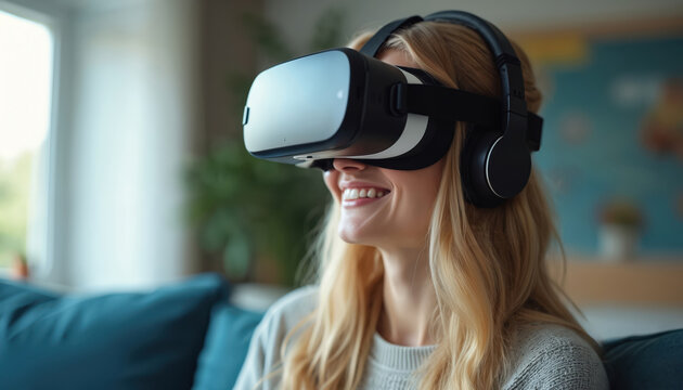 Young woman with blonde hair uses VR headset and headphones while relaxing on sofa. She smiles, enjoying immersive digital experience at home. Modern tech for virtual fun, gaming or learning. - Powered by Adobe