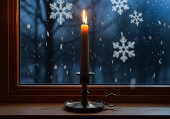 Winter holidays, warmth, and quiet contemplation during a snowstorm. A winter evening with soft candlelight and snow falling outside the window.
